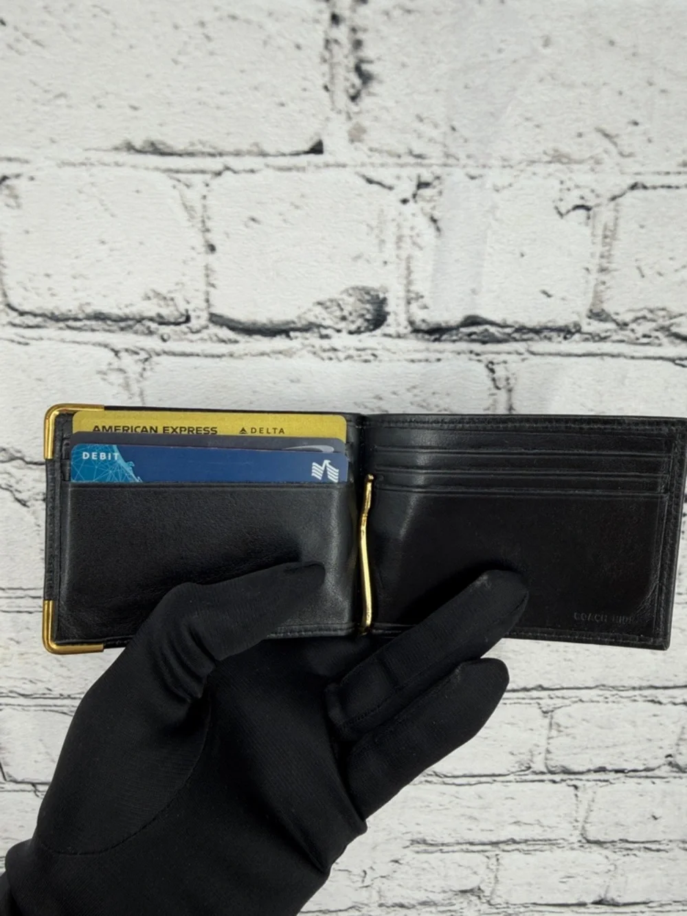 COACH Smooth Leather Money Clip Bi-Fold Wallet — Black w/ Brass — VGC